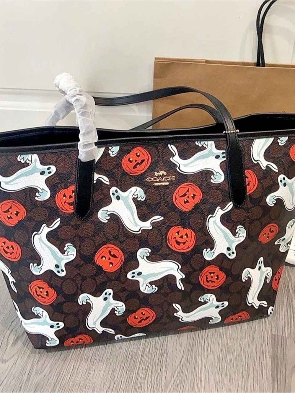 Coach City Tote In Signature Canvas With Ghost And Pumpkin Print Ghosts &